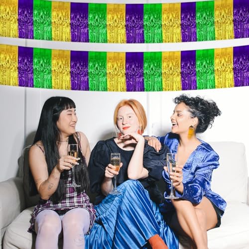 Image of 5 Pack 10 Feet Mardi Gras Foil Fringe Garland Mardi Gras Parade Float Fringe Metallic Streamers Tinsel Fringe Banner for Birthday Party Decor St Patrick Halloween Christmas Decoration