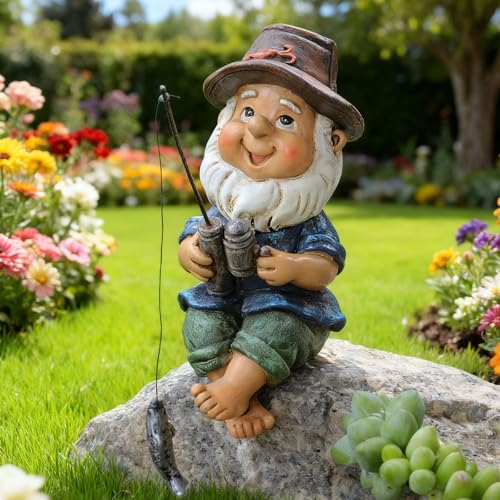 Zuxbolf Gartenzwerg Angeln Figur Harz Gartenfiguren Wetterfeste Gartendeko Zwerge für Garten Miniteich Und Außenbereich Lustige Gartenstatuen Wichtelfiguren als Geschenk für Angler(10 * 7 * 4.5cm)