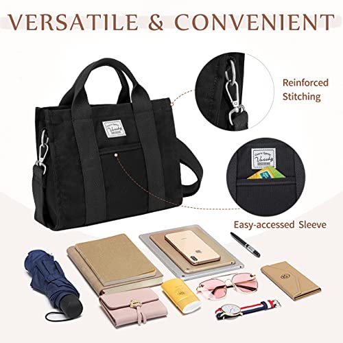 VASCHY Mini Tote Bag for Women, Small Cute Aesthetic Canvas Tote Purse Handbags Crossbody Shoulder Satchel Bag with Zipper Pockets Black - Thumbnail 5