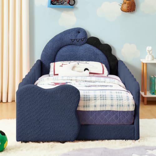 Image of Twin Size Kids Bed with Dinosaur Headboard, Upholstered Boucle Fabric Twin Daybed with Slats Support & Side Pocket, Space-Saving Wooden Corner Sofa Couch Day Bed Frame for Girl, Boy, Teenager(Blue)