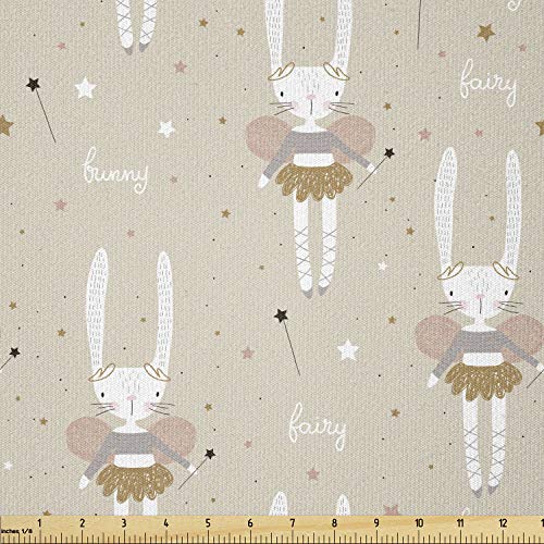 Image of Ambesonne Cartoon Fabric by The Yard, Ballerina Bunnies in Tutu Dancer Rabbits with Wings Stars Magic, Stretch Knit Fabric for Clothing Sewing and Arts Crafts, 2 Yards, Warm Taupe Blush