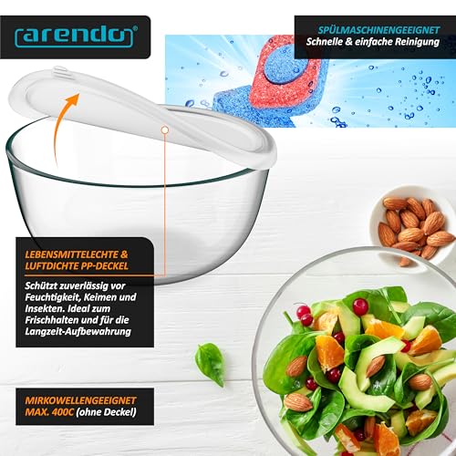 Arendo - Salatschüssel aus Glas mit Deckel - Glasschüssel 5er Set - 1000ml + 1500ml + 2000ml + 2700ml + 4400ml – Rührschüsseln klein bis groß – Borosilikatglas - Glasschale Salatglasschale 5