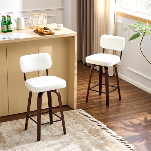 VINGLI Butaco Moderno para Bar, Giratorio 360°, Tapizado en Cuero Sintético PU, Patas de Madera Sólida, Blanco, Pack de 2 miniatura 5
