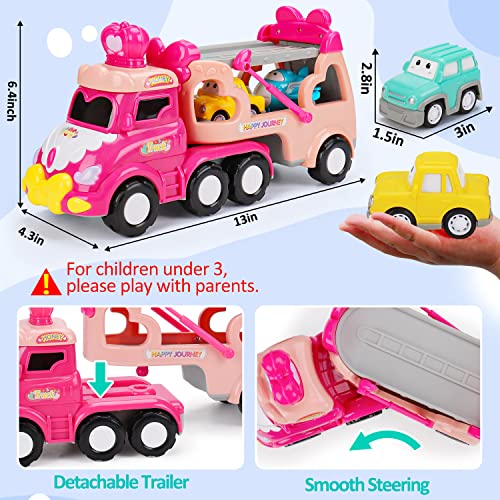 Toddler Car Toys For 1 2 3 4 Year Old Girl Birthday Gifts 5-In-1 Pink Princess Transport Carrier Trucks For Toddlers 1-3 With Lights & Music Little Toddler Girl Toys Age 1-2 2-3 2-4 Baby First Present #TOP5