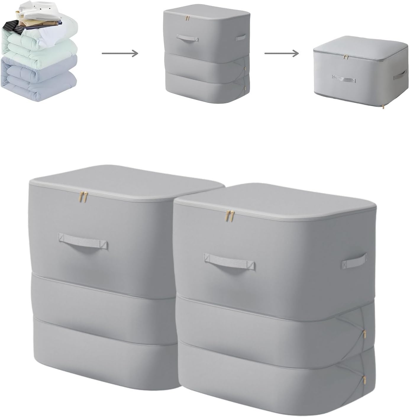 Ultra Space Saving Self Compression Organizer, 3-Layer Zipper Large Capacity Blanket Bags, Thickend Satin Fabric Comforter Storage Bag for Comforters, Clothes, Blankets (X-Large, Gray, 2PCS)