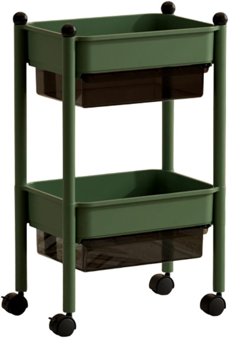 Wheeled Storage Rack with Multi-Layer Design, Large Capacity Organizer for Living Room, Kitchen, Snack Sorting, Plastic Cabinet with Drawers, Easy Mobility, Beige/Green, Compact and Practical.