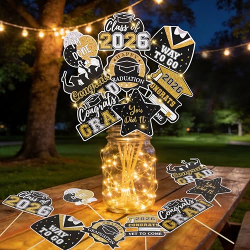 Graduation Decorations 2026 Graduation Party Decorations 32Pcs Black Gold Grad Table Centerpiece Sticks with String Lights for College High School Congrats Grad Party Decor Photo Props