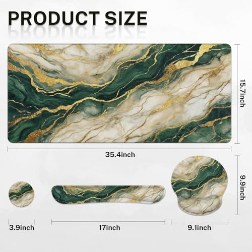 Britimes Marble Gold Green Keyboard Mouse Pad Set Abstract Modern Emerald 4in1 Large Mousepad+Keyboard Wrist Rest+Mouse Wrist Rest+Coaster Ergonomic Design for Home Office Computer 35.4x15.7 inches by Britimes - Image 3