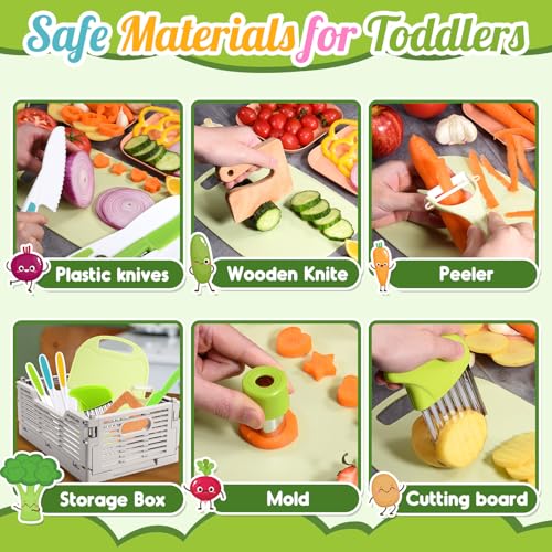 JoltJive Kindermesser, Kindermesser ab 1 2 3 4 5 6 jahre Kinderküche mit Faltbarer Aufbewahrungsbox und Wellenschneider, Montessori Spielzeug als Weihnachts- und Geburtstagsgeschenk