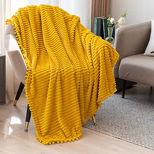 Dissa Fleece Blanket Throw Size – 51X63, Yellow – Soft, Plush, Fluffy, Fuzzy, Warm, Cozy – Perfect Throw For Couch, Bed, Sofa - With Pompom Fringe - Flannel Blanket Throw Blanket #TOP3