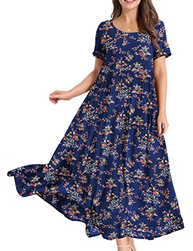 YESNO Women Dresses Casual Plus Size Bohemian Short Sleeve Floral Long Maxi Summer Beach Swing Dress/Pockets XL EJFUK CR30