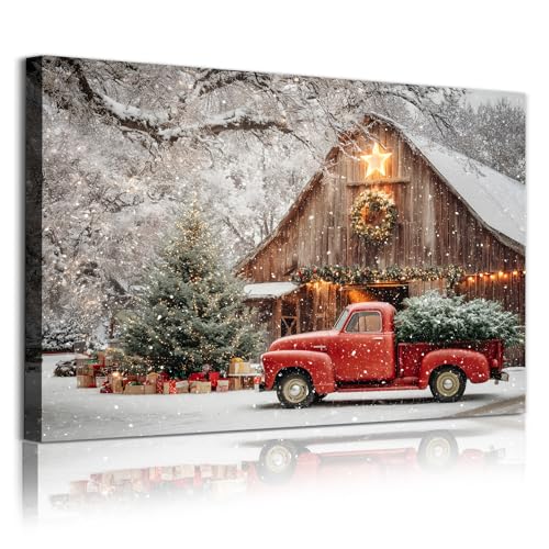 Tevenuktla Christmas Canvas Wall Art Winter Barn Print Red Barn Canvas Wall Art for Living Room Winter Pine Tree Poster Country Landscape Painting Winter Christmas Poster 16x24inch No Frame