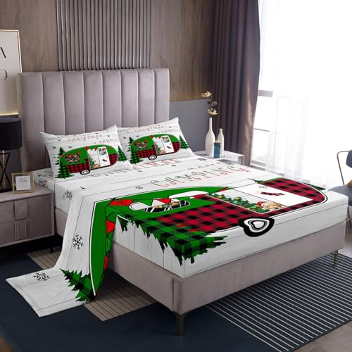 Erosebridal Happy Christmas Camper Sheet Set for Kids, Buffalo Check Plaid Car Fitted Sheet 4Pcs RV Camping Bed Sheets Merry Christmas Snowflake Top Sheet for Travel Trailers, Full Size