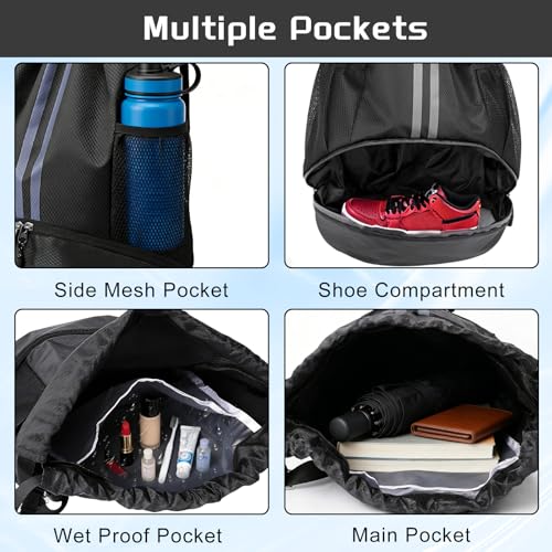Sports Drawstring Backpack with Shoes Compartment, String Gym Bag with Wet Proof Pocket for Basketball, Soccer, Swim, Black Sport Bag for Men and Women - Image 6