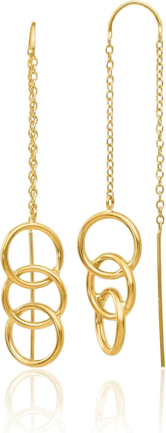 IceCarats 14K Solid Yellow Gold Long Triple Round Threader Drop Dangle Earrings 50mm 2 inch Polished For Her