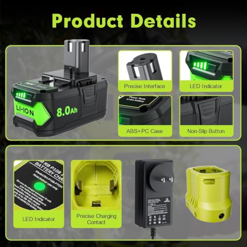 Image of 2Pack 8.0Ah P108 Repacement for Ryobi 18 Volt Battery and Charger Compatible with 18V Battery P102 P103 P104 P105 P107 P109 Cordless Power Tool