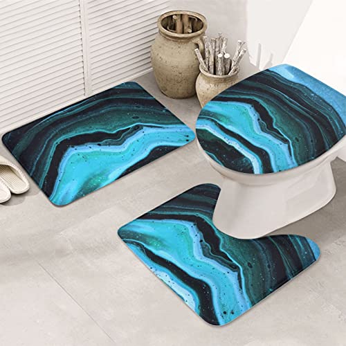 ARLTTH Badematte Mit Marmorstruktur, 3-teiliges Badezimmerteppich, Rutschfester Und Weicher, Saugfähiger Polyester-Teppich, U-förmiger Konturteppich Und Toilettendeckelbezug (grüner Blauer Marmor) – Bild 4