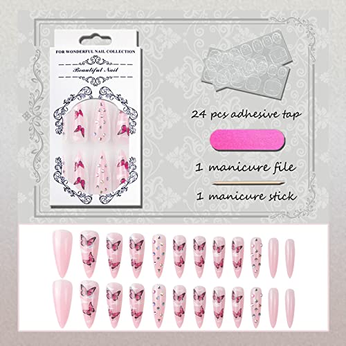 Votacos Press On Nails Long Stiletto Fake Nails Pink False Nails With Butterfly Glitter Rhinestone Design Glossy Full Cover Stick On Nails For Women #TOP2