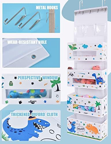 WERNNSAI Dinosaur Door Hanging Organizer - Over Door Storage with 4 Large Pockets 3 Clear Small Pockets for Kids 125 x 36 x 13 CM Baby Storage Toys Towels Sundries for Children Room Bedroom Kitchen