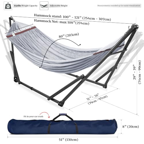 Image of Tranquillo Universal Double Hammock with Stand Included for 2 Persons /Foldable Hammock Stand 600 lbs Capacity Portable Case - Inhouse, Outdoor, Camping, Grey