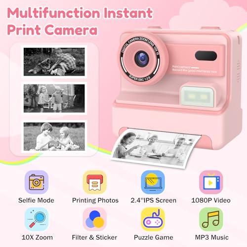 Kids Camera Instant Print, Instant Camera with 1080P Videos,Selfie instant print camera with 3 Rolls Print Paper & 32GB SD Cards, Christmas Birthday Gifts for Girls Age 3-12 (Pink) - Image 3