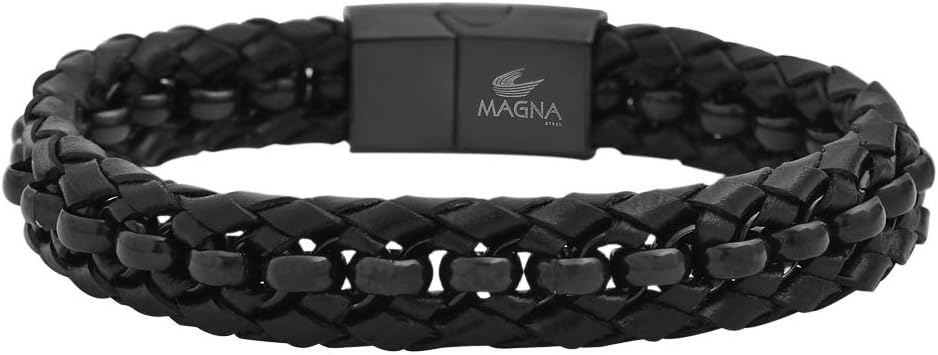 Magna SteelMen's Braided Genuine Leather Rolo Bracelet