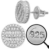 Real Solid 925 Sterling Silver - Men's Baguette Earrings - Iced CZ 10mm Round Earrings Screw Backs -...