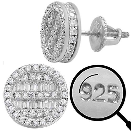 Real Solid 925 Sterling Silver - Men's Baguette Earrings - Iced Cz 10Mm Round Earrings Screw Backs - Hip Hop Flooded Out Studs Aretes #TOP10