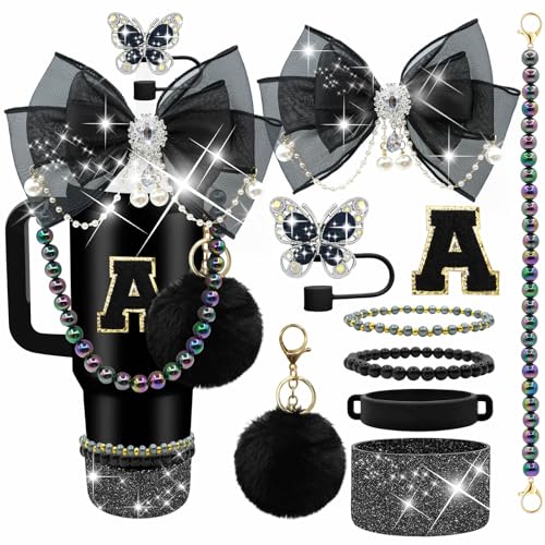Letter Stickers Bling Accessories Set for Stanley 40/30/20 oz Tumbler: Bow Straw Topper Charms Butterfly Cap Pearl Strap Silicone Boot Accessories for Stanley Quencher H2.0 (A Black Midnight)