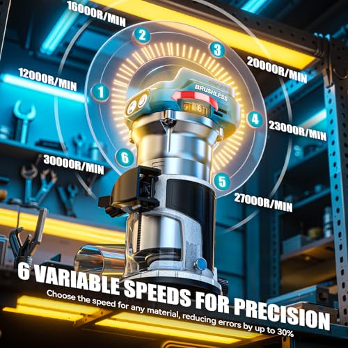 Cordless Compact Router Compatible with Makita 18V Battery, With 15Pcs Router Bits 6 Variable Speeds for Woodworking, 800W 30000 RPM Fixed Base Wood Router With Trim Bits