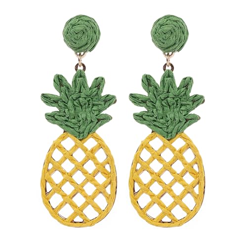 Raffia Flower Earrings For Women Dangling Statement Spring Summer Colorful Lightweight Straw Wrapped Woven Drop Dangle Floral Earrings Tropical Beachy Vacation Jewelry Handmade Accessories (Pineapple) by JHWZAIY - Used condition - US$11.90