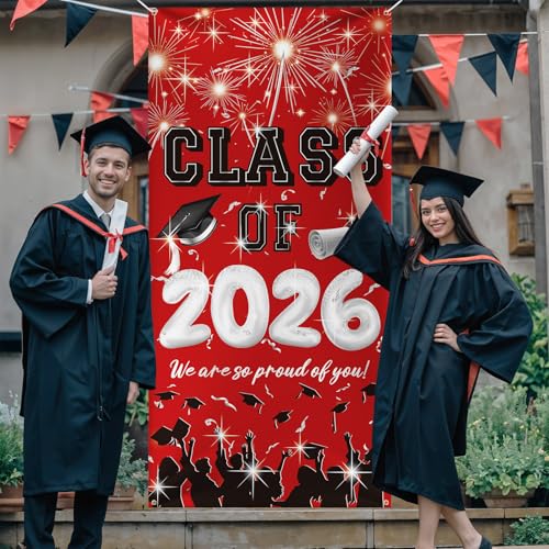 Image of Graduation Banner, Graduation Decoration, 2026 Red and Black Congrat Grad Door Banner, Class of 2026 Grad Sign Backdrop for Indoor Outdoor Yard for University High School Commencement Party 90*185cm