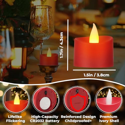 Image of Realistic Flameless LED Tea Lights - 24 Pack Premium LED Tea Lights for Christmas Mantel, Valentine's Dinner & Wedding Centerpieces (Red Base, 24 Pack)