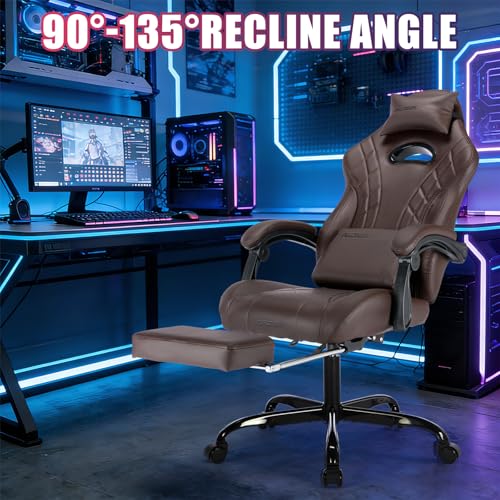 Image of Gaming Chair with Footrest and Massage Lumbar Support, Ergonomic Computer Gamer Chair, Office Video Game Chairs with Adjustable Height and Backrest (Coffee)