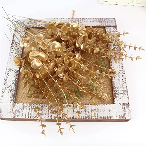 Image of Tinsow 26pcs Artificial Eucalyptus Stems Gold Faux Eucalyptuses Branch Real Touch Leaf Wedding Bouquet Minimalist Fall Home Decor