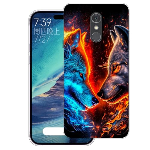 WUACYEAMING Hülle für LG Q Stylus Plus/Q Stylus,Aesthetic Motiv Weiche Silikon Muster TPU Bumper Stoßfest Schutzhülle Transparent Mädchen mit Cover HandyHülle case Pattern-(Zwei Wölfe)