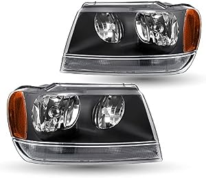 TUSDAR Headlights Assembly Set for 1999 2000 2001 2002 2003 2004 Jeep Grand Cherokee (Black)