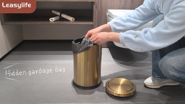 Image of 9L /2.4Gal Gold Trash Can,Brass Bathroom Garbae Can with Flipping Lid,Small Brass Garbage Can for Office, Laundry Room,Bedroom,Hotel