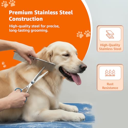 Image of Amazon Basics Dog & Cat Grooming Kit - 4-Piece Stainless Steel Set with Thinning Shear, Trimming Scissors, Curved Scissors & Grooming Comb - All-in-One Pet Grooming Set