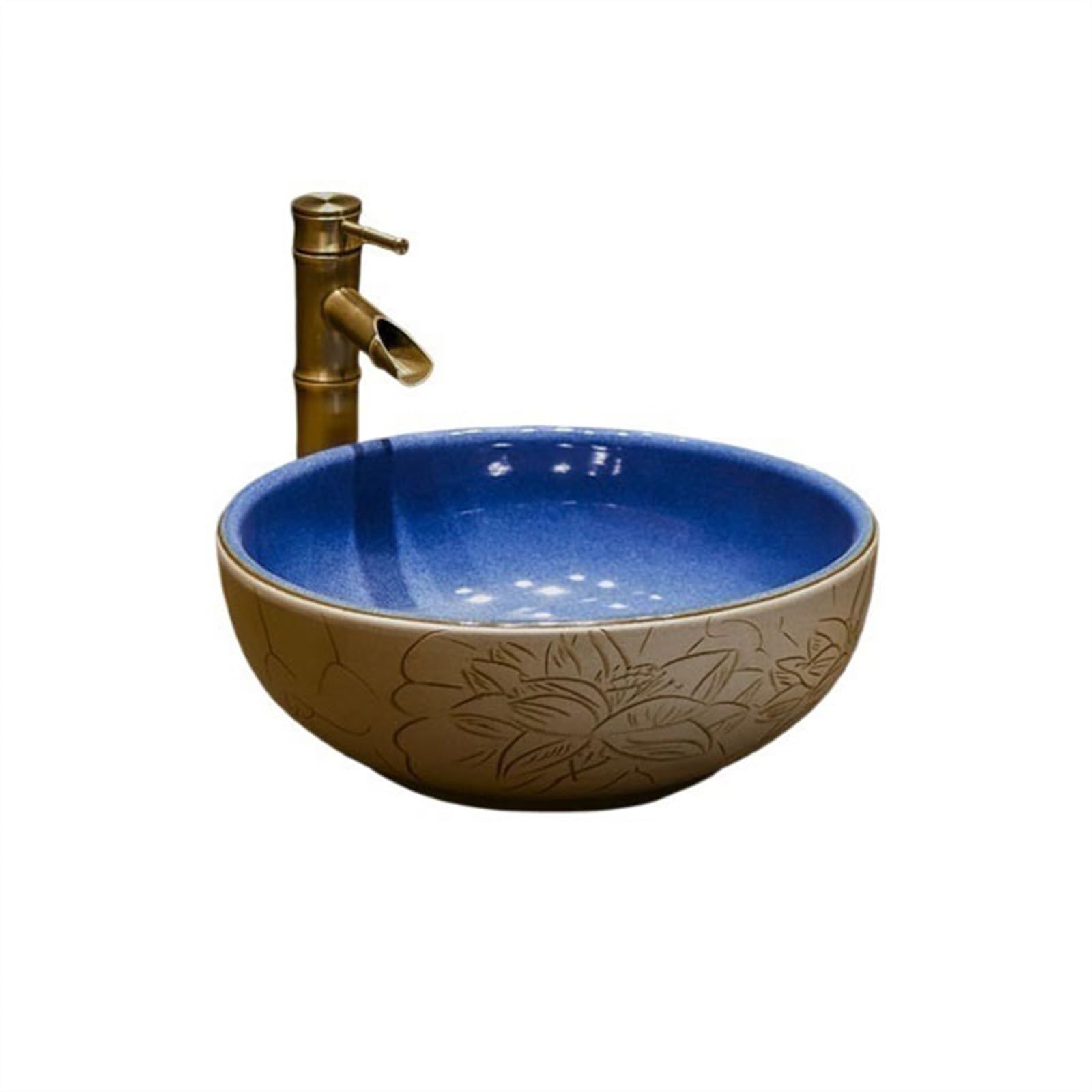 Aioneer Bathroom Sink Ceramic Art Countertop Basin Hand Carved Bathroom Sink Round Hand Basin Balcony Washbasin Lavatory Vanity