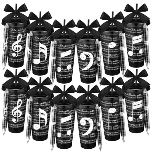12 Set Musical Cups and Pen Kit, Music Themed Gifts Bulk 24 oz Musical Note Plastic Cup and Ballpoint Pen Kit for Music Lovers Musicians Teachers Students Band Choir Graduation Party Favors(Black)
