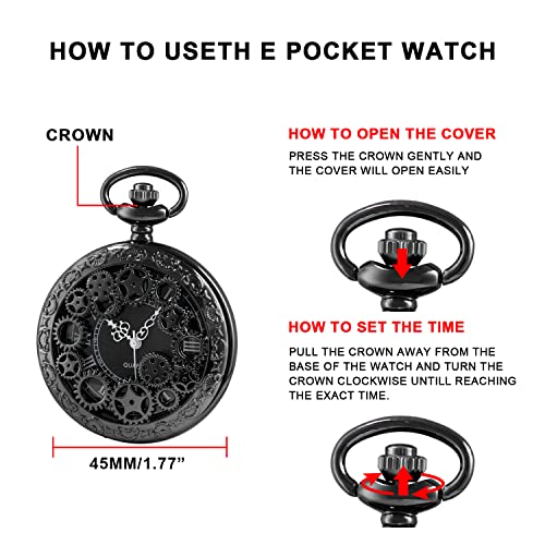Black Gear Hollow Pattern Pocket Watch Black Roman Numeral Scale Quartz Pocket Watches For Men With Chain Christmas/Graduation/Birthday/Father's Day #TOP6