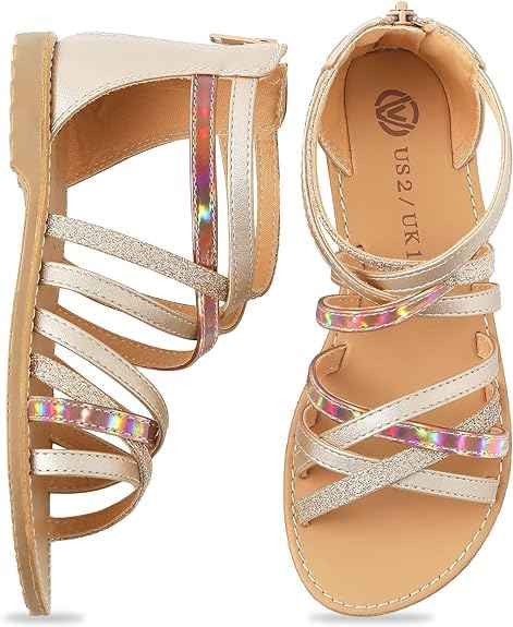 FUPPIA Sandales Fille Princesse Bout Ouvert à Lanière avec Fermeture Éclair Sandales Spartiates Plates Sandales d’Été UK13 Enfant-UK4, doré, 32 EU
