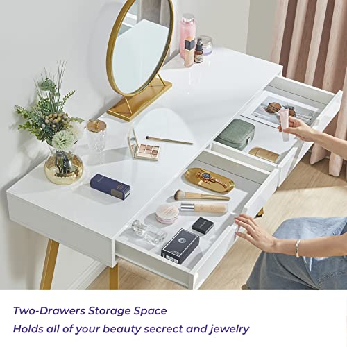 Greenforest Vanity Desk With Glossy Desktop, 39 Inch Makeup Desk With 2 Drawers Dressing Table For Girls Women Bedroom Modern White Writing Computer Laptop Desk For Home Office, Gold #TOP1