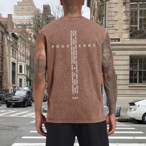 Image of Christian Gym Workout Tank Tops for Men Vintage Bible Verse Cross Graphic Sleeveless Muscle Shirts Acid Wash Tanks Top