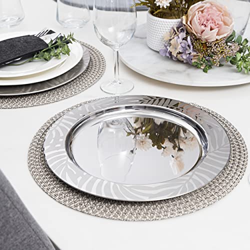 Stainless Steel Elegant Silver Charger Plates Set Of 6 - Decorative, Unique Leaf Charger Plates For Dinner Table At Weddings & Parties - Metallic Mirrored Chargers, 13" #TOP2