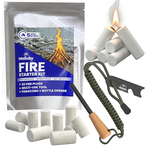 Wallaby Fire Starter Kit - 33 Waterproof Plugs in Metal Tin + Flint Rod Striker Multi-Tool Pocket Survival Guide Airtight Mylar Storage Bag Camping Emergency Grill Fire Pit
