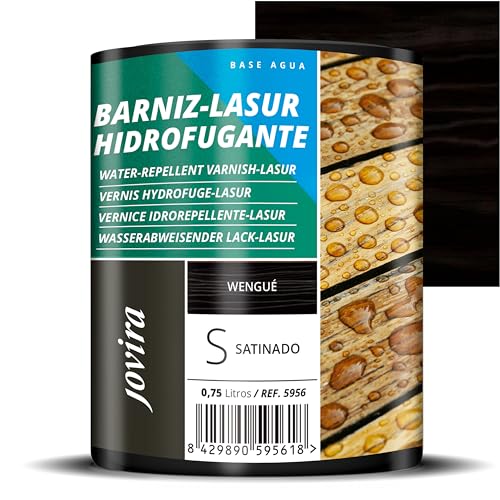 JOVIRA PINTURAS BARNIZ LASUR Hidrofugante Protector Satinado al Agua | 750 ml | Protege, decora y embellece todo tipo de madera con efecto perlado. (750 Mililitros, Wengue) E 32