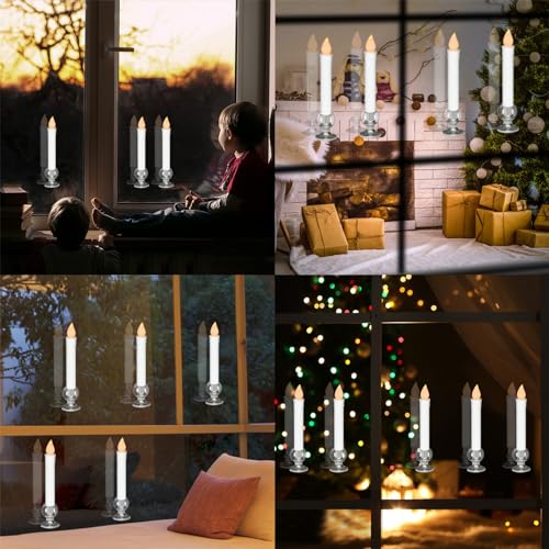 Image of 9 inch Flameless Window Taper Candles Battery Operated with 8-Key Remote and Timer, 4 Pack White Christmas Holdiay Window Candles with Silver Holders, Suction Cups and AA Batteries Included