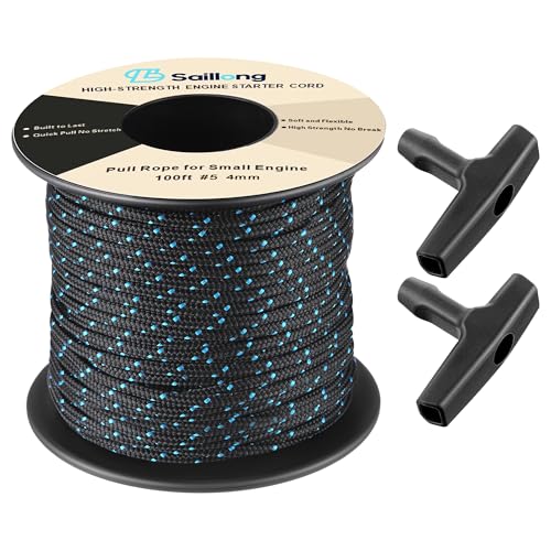 Saillong 4mm 100ft Starter Rope Pull Cord Rope for Small Engine with 2 Starter Handle High wear Resistant Low Stretch Replacement for Lawn Mower Chainsaw Trimmer Edger Brush Cutter Engine